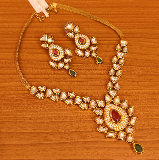 UNCUT KUNDAN POLKI RUBY & EMERALD STONE WEDDING NECKLACE SET