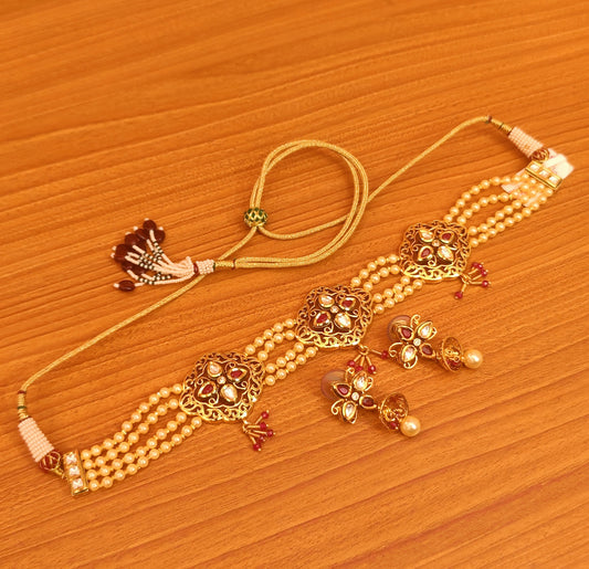 RUBY STONE KUNDAN WORK CHOKER NECKLACE SET WITH PEARLS