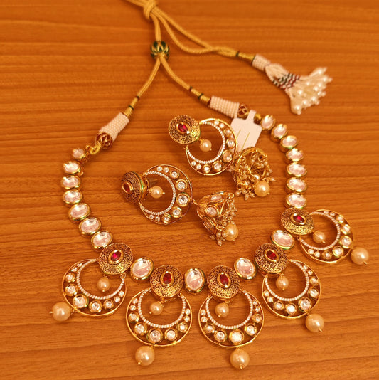 RUBY STUDDED KUNDAN POLKI WEDDING NECKLACE SET WITH JHUMKA'S
