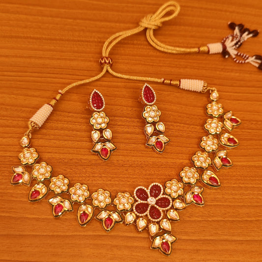 RUBY STUDDED KUNDAN POLKI ROYAL FINE WEDDING NECKLACE SET