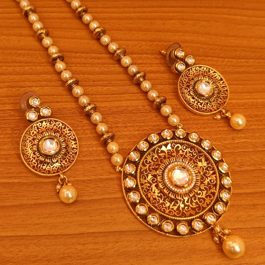 ANTIQUE GOLD LOOK KUNDAN POLKI & PEARL PENDANT SET