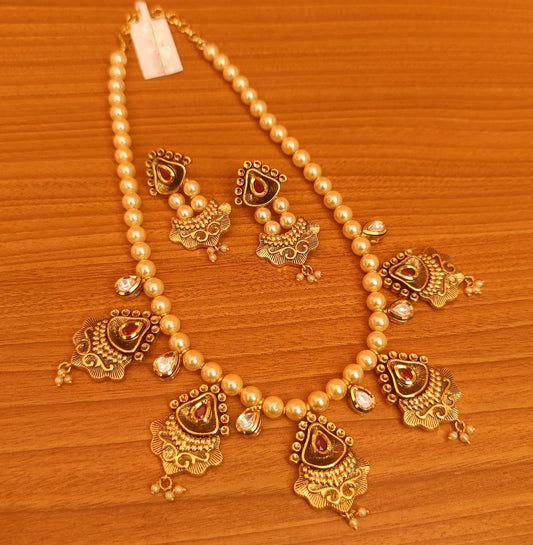 RUBY ANTIQUE LOOK PEARL KUNDAN POLKI NECKLACE SET