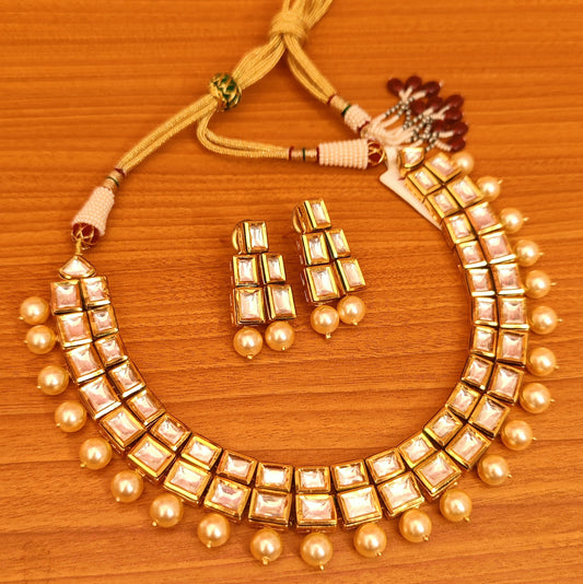 RECTANGLE KUNDAN POLKI & PEARL MEENAKARI NECKLACE SET