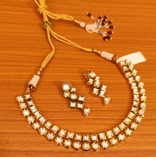 KUNDAN MEENAKARI ROUND AND SQUARE KUNDAN LAYERED NECKLACE SET
