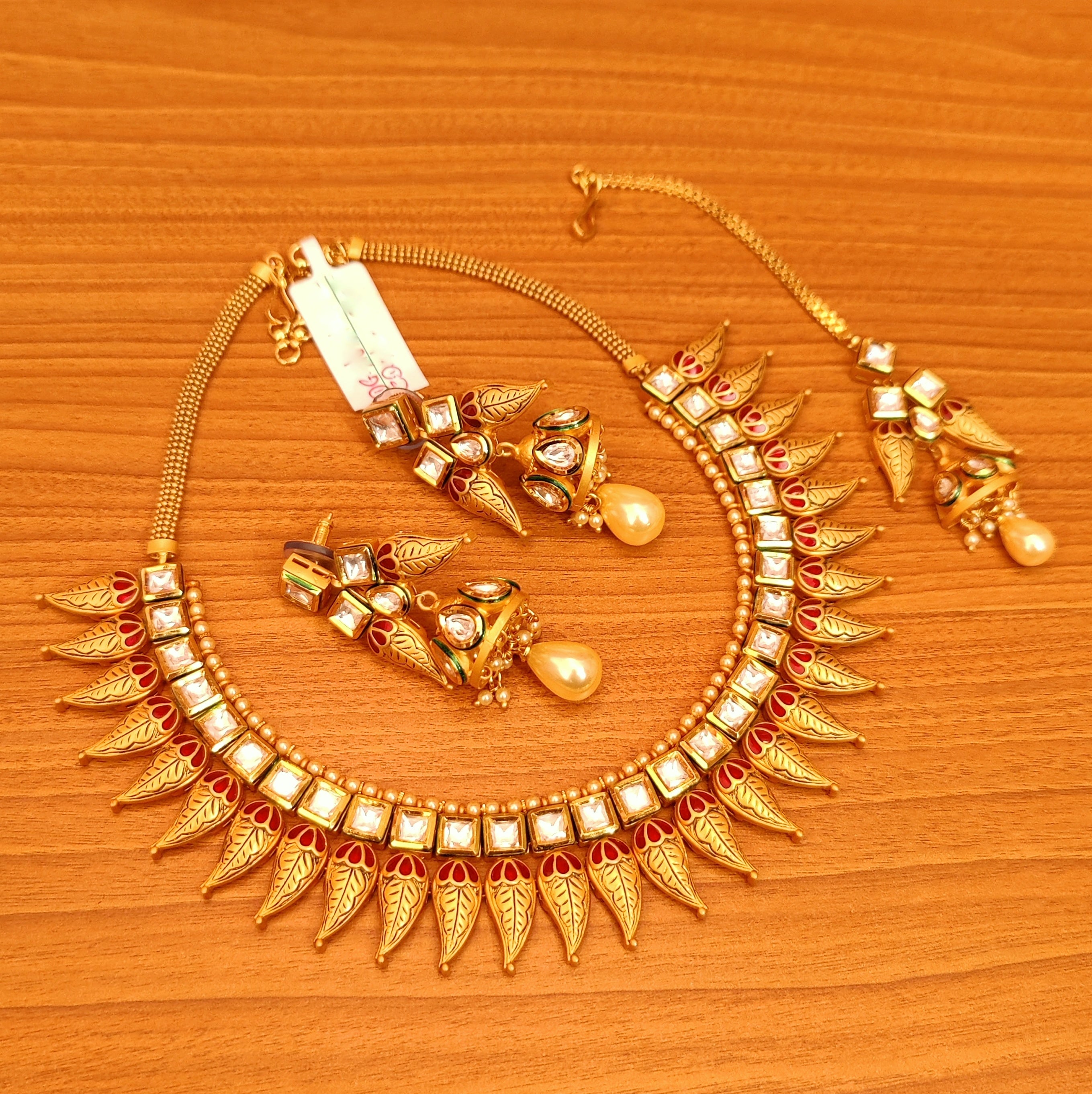 RED MEENAKARI MATT GOLD LOOK KUNDAN POLKI NECKLACE SET