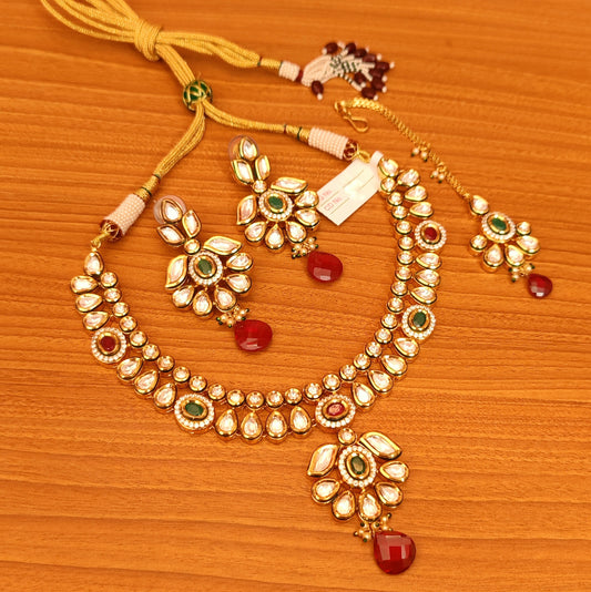 RUBY & EMERALD STONE STUDDED SEMI BRIDAL LOOK NECKLACE SET
