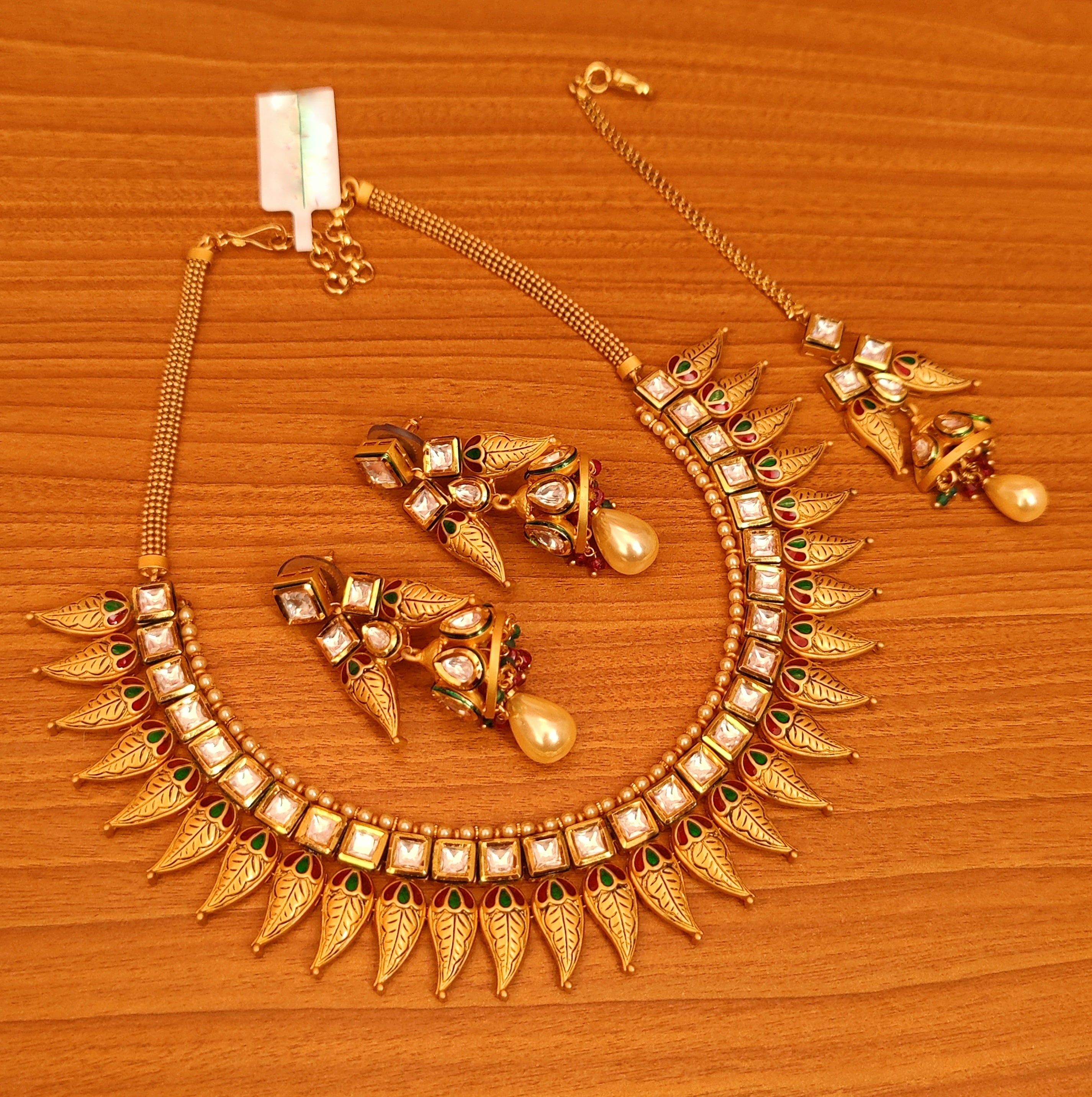 RED MEENAKARI MATT GOLD LOOK KUNDAN POLKI NECKLACE SET