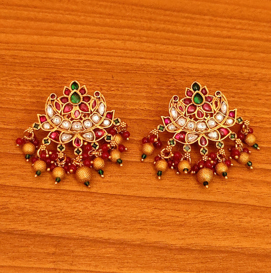 MULTICOLOUR KUNDAN LOOK REAL KEMPU STONE EARRINGS