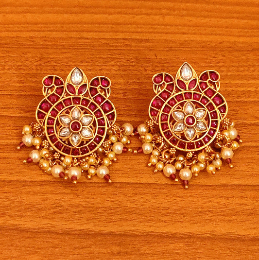 RUBY COLOUR REAL KEMPU STONE PEACOCK EARRINGS