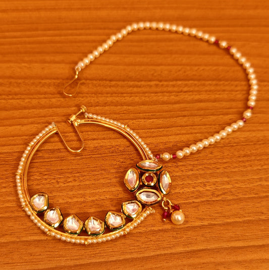 UNCUT KUNDAN POLKI RUBY & PEARL BRIDAL BIG NOSE RING