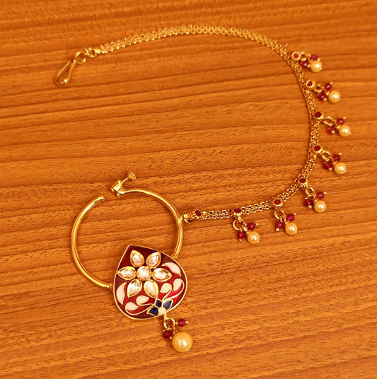 RED KUNDAN MEENAKARI ROYAL BRIDAL NOSE RING