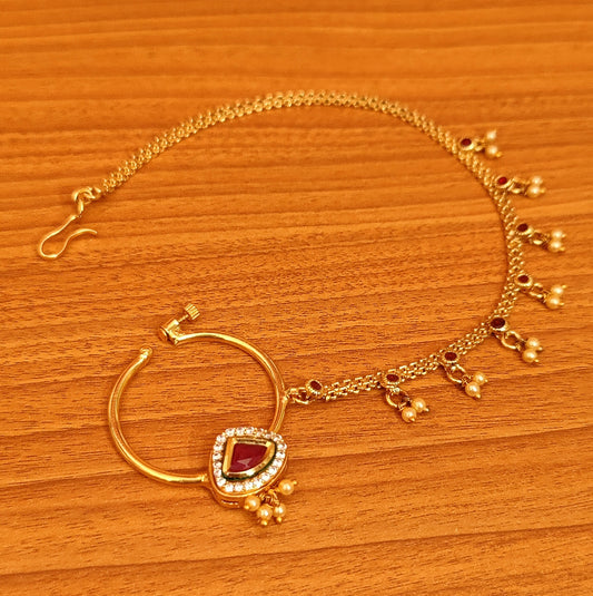 RUBY KUNDAN LOOK CZ STUDDED BRIDAL NOSE RING