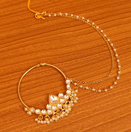KUNDAN & PEARL BRIDAL LOOK NOSE RING