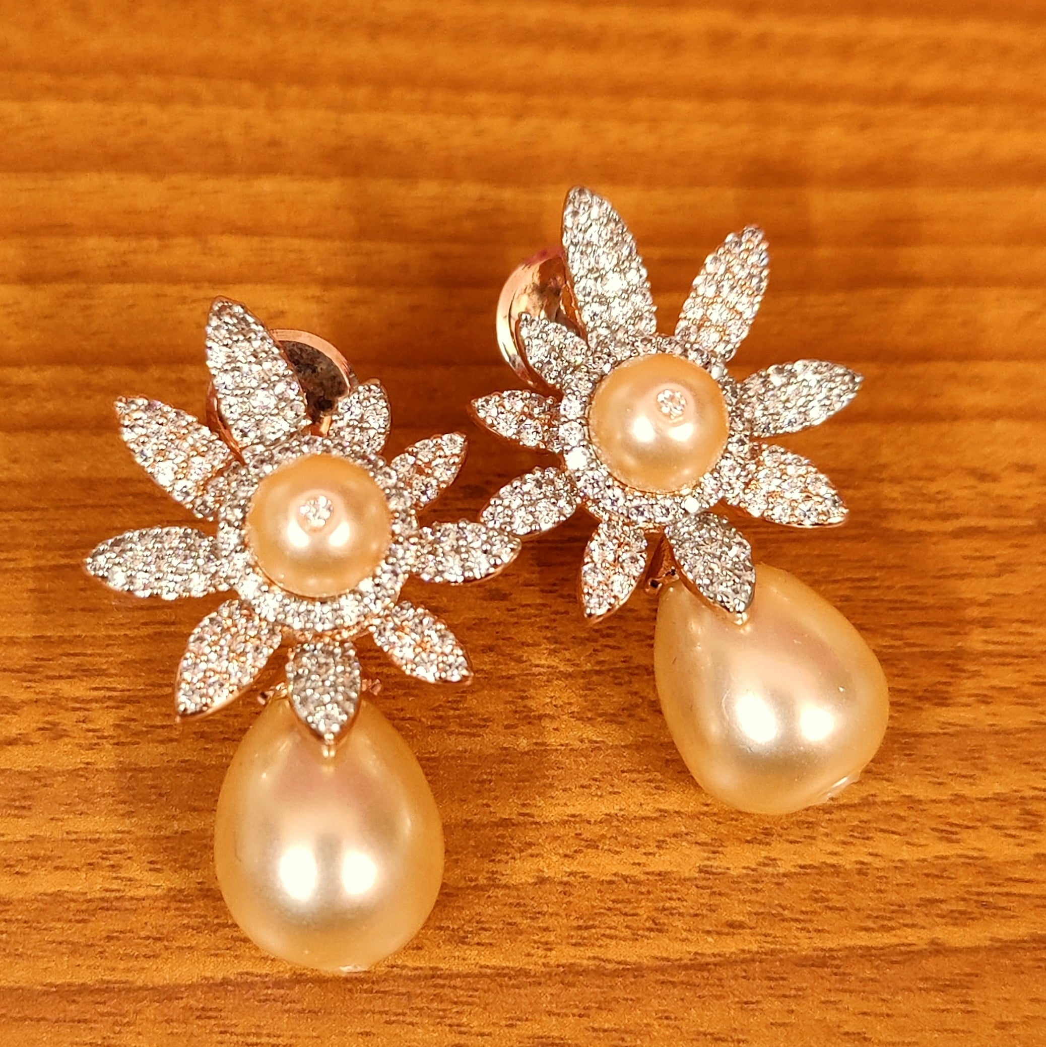 ROSE GOLD RHODIUM CZ STUDDED PEARL EARRINGS