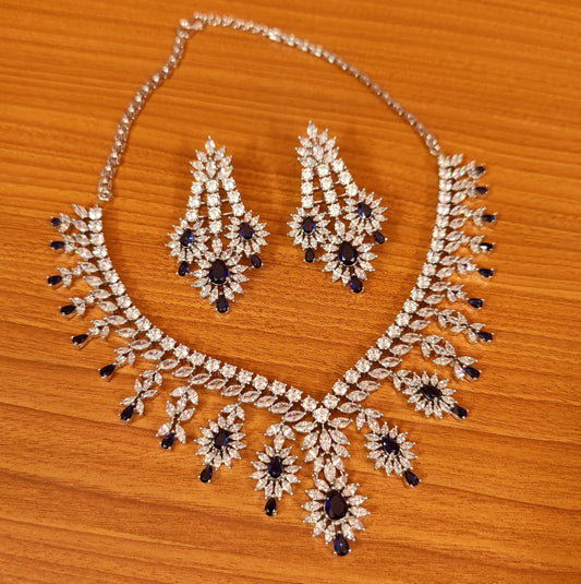 BLUE SAPPHIRE & CZ STUDDED WEDDING NECKLACE SET