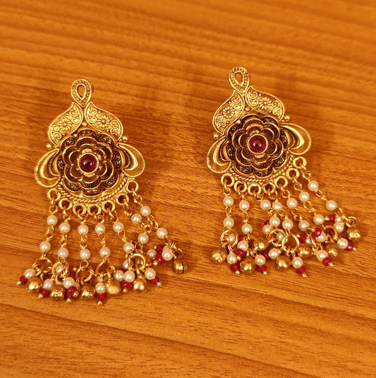 FLOWER PATTERN GOLD LOOK RUBY EARRINGS