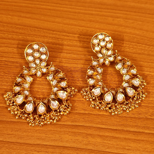 GOLD PLATED KUNDAN POLKI CHAANDBALI EARRINGS