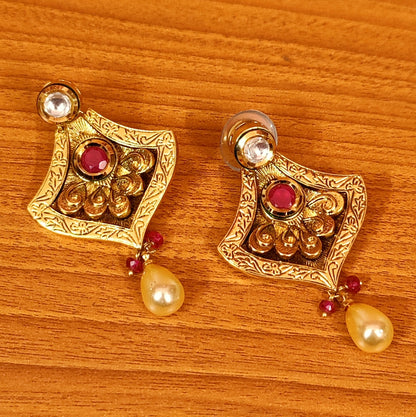 ANTIQUE GOLD LOOK RUBY & PEARL EARRINGS