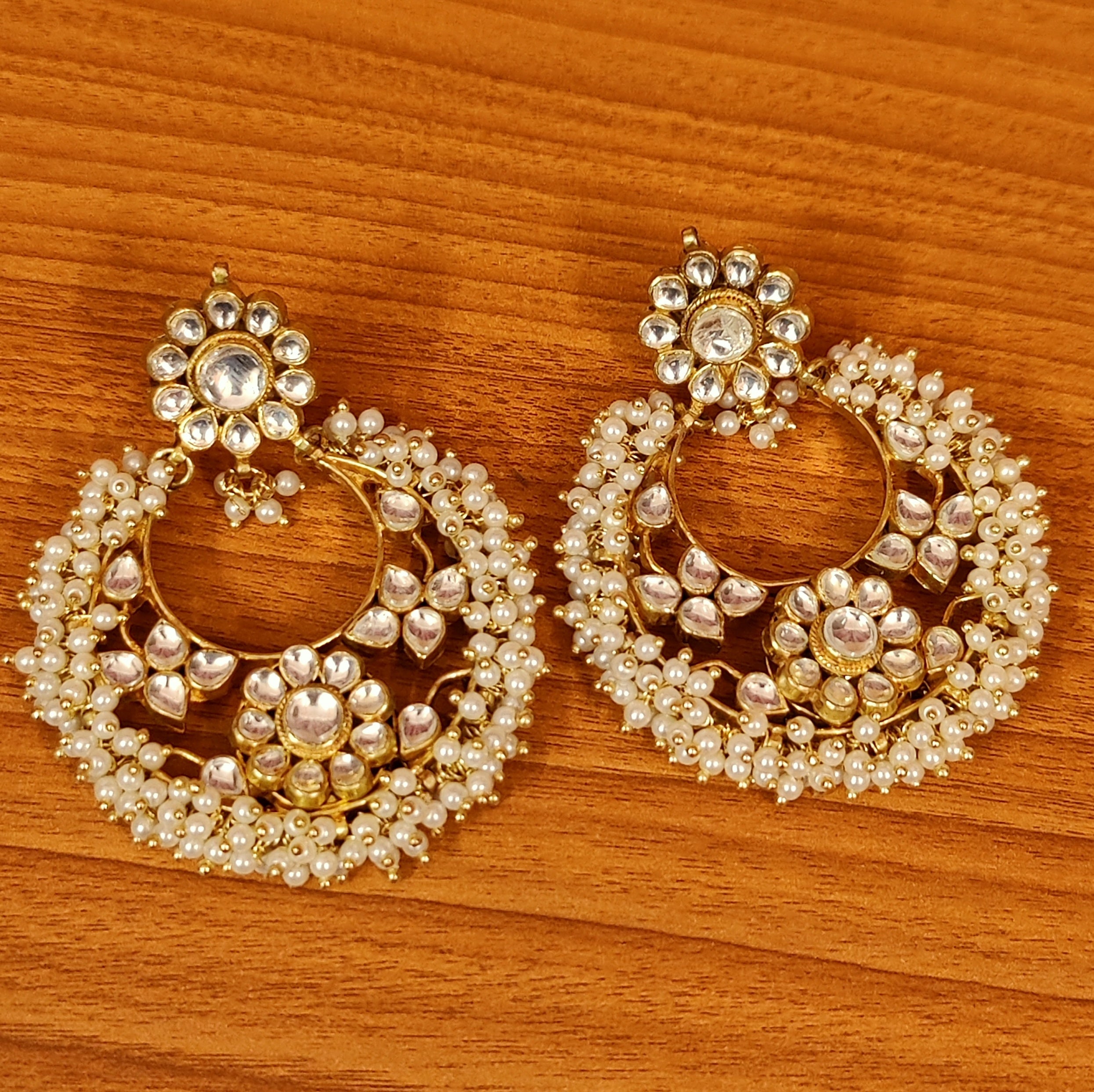 ANTIQUE GOLD LOOK PEARL KUNDAN POLKI CHANDBALI – Sanvi Jewels