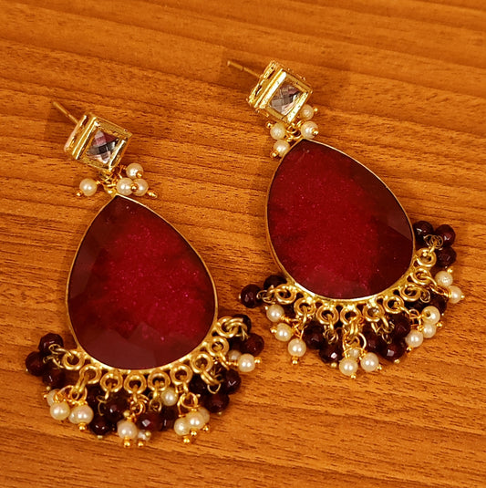SEMI PRECIOUS RED QUARTZ KUNDAN EARRINGS