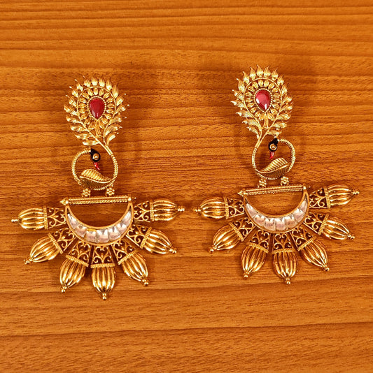 GOLD LOOK KUNDAN STUDDED PEACOCK PATTERN DANGLERS
