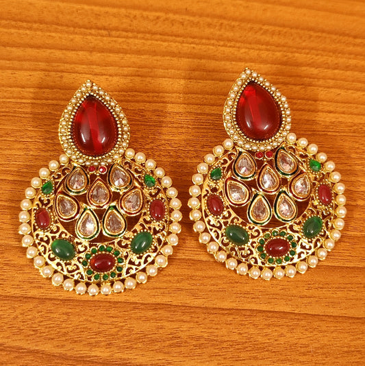 MULTICOLOUR POLKI STUDDED GOLD PLATED CHAANDBAALI