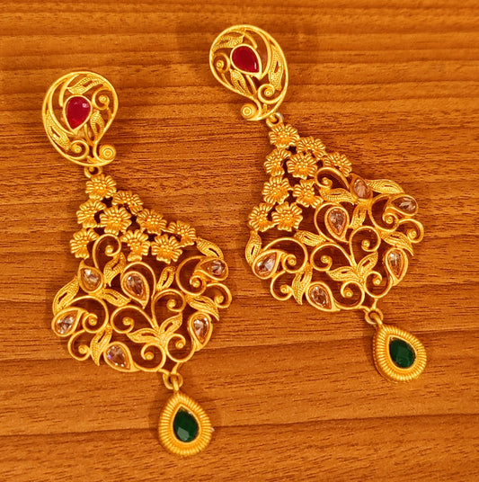 MULTICOLOUR MATT GOLD LOOK POLKI STUDDED DANGLERS