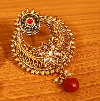 ANTIQUE GOLD PLATED POLKI STUDDED CHAANDBAALI
