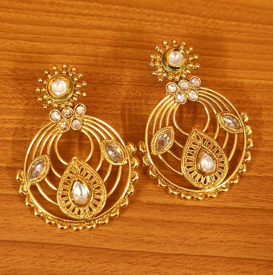 GOLD PLATED KUNDAN LOOK POLKI CHANDBALI EARRINGS