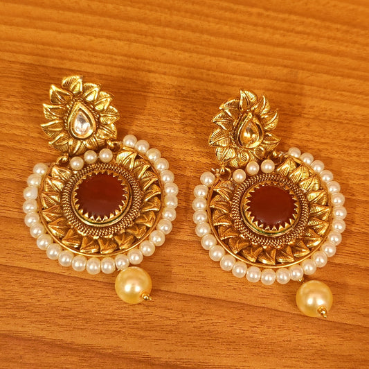 RUBY & PEARL KUNDAN STUDDED GOLD PLATED EARRINGS