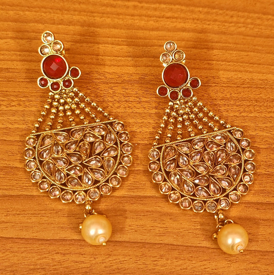 RED POLKI STUDDED GOLD PLATED CHANDBALI EARRINGS