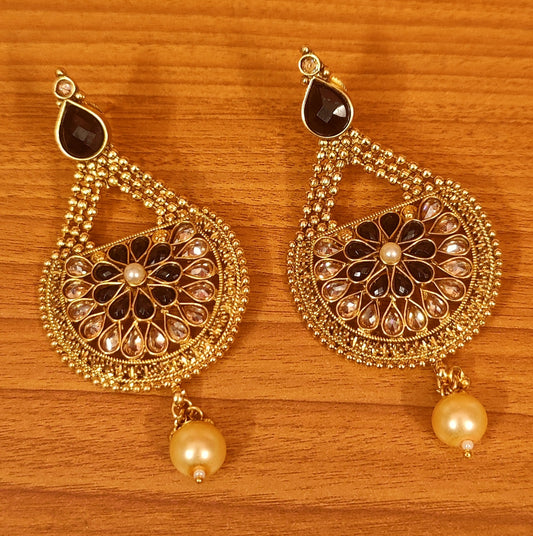 BLACK POLKI STUDDED GOLD PLATED EARRINGS