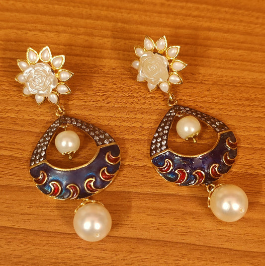 BLUE MEENAKARI WORK PEARL STUDDED CZ EARRINGS