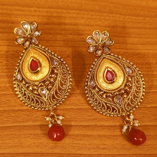 RUBY COLOUR KUNDAN WORK POLKI STUDDED DANGLERS