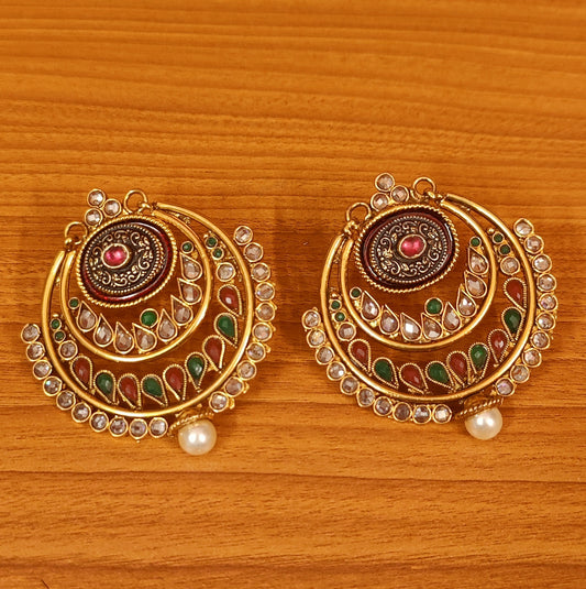 MULTICOLOUR ANTIQUE MOTIF POLKI STUDDED CHANDBALI EARRINGS