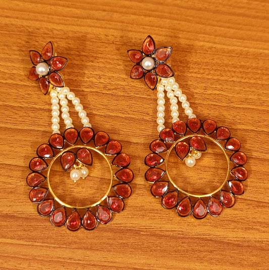 ORANGE COLOUR STONE & PEARL GOLD PLATED EARRINGS