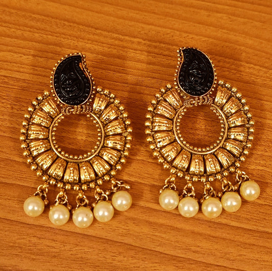 BLACK ONYX HAND CARVED GOLD PLATED CHANDBALI EARRINGS