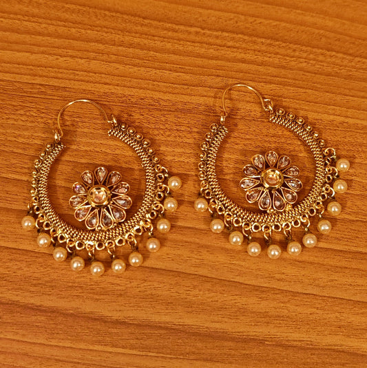 KUNDAN POLKI & PEARL GOLD LOOK HOOPS