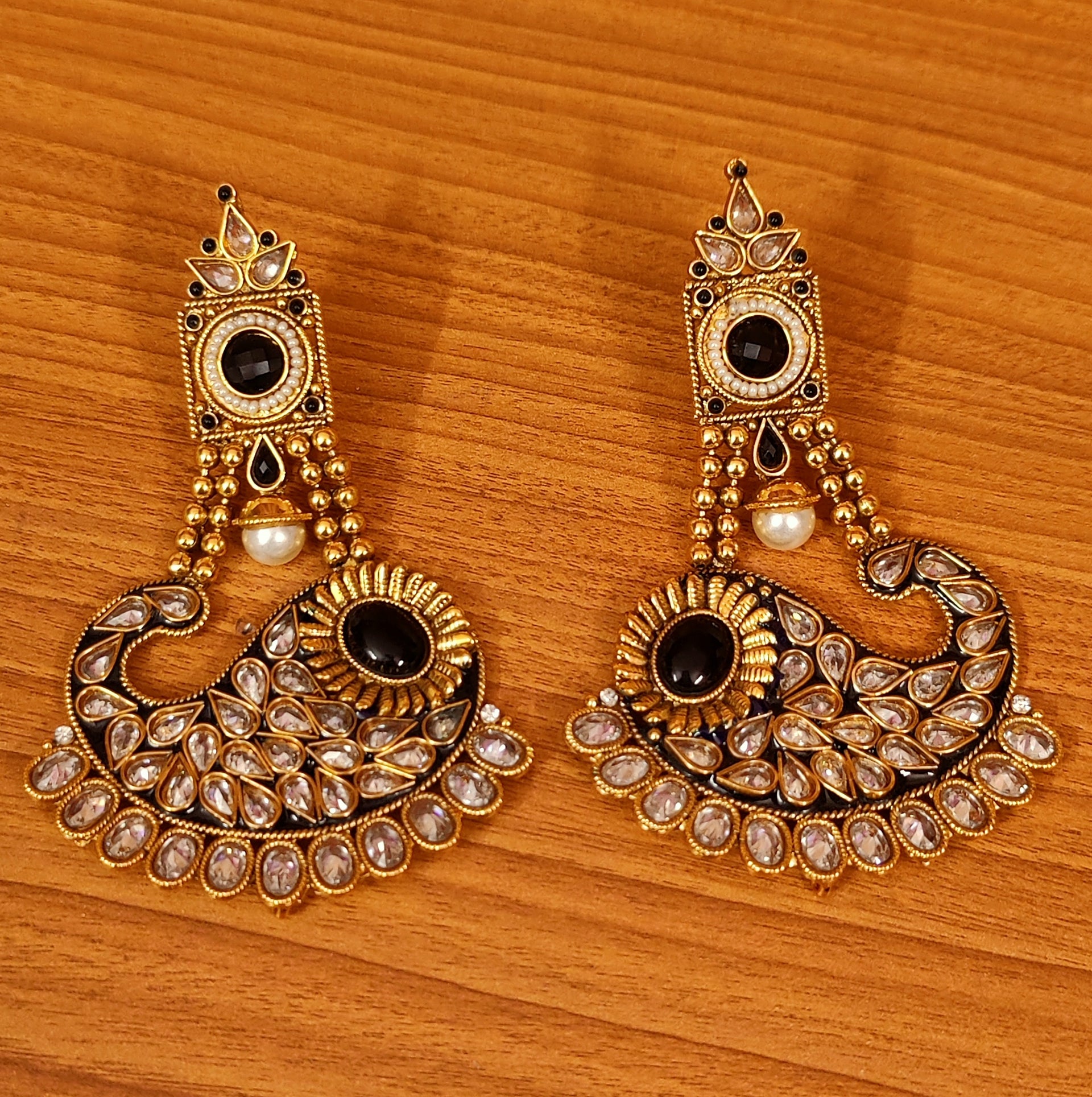 BLACK MEENAKARI POLKI STUDDED GOLD PLATED EARRINGS