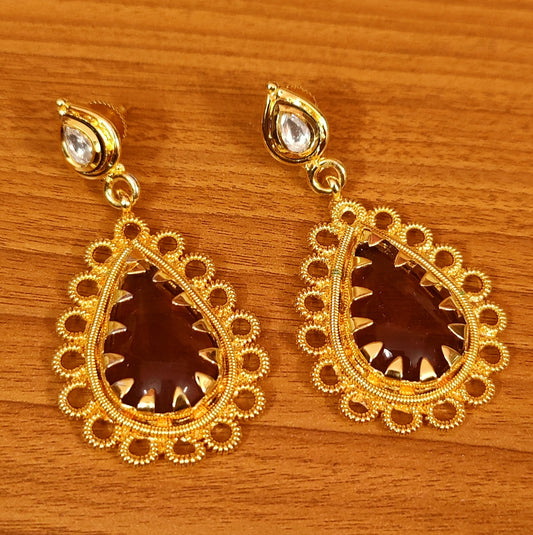 KUNDAN LOOK GOLD PLATED PEAR SHAPED WINE EARRINGS