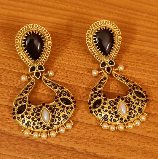 MATT GOLD BLACK POLKI & PEARL CHANDBALI EARRINGS