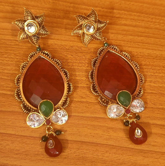 ANTIQUE GOLD MULTICOLOUR STONE KUNDAN LOOK DANGLERS