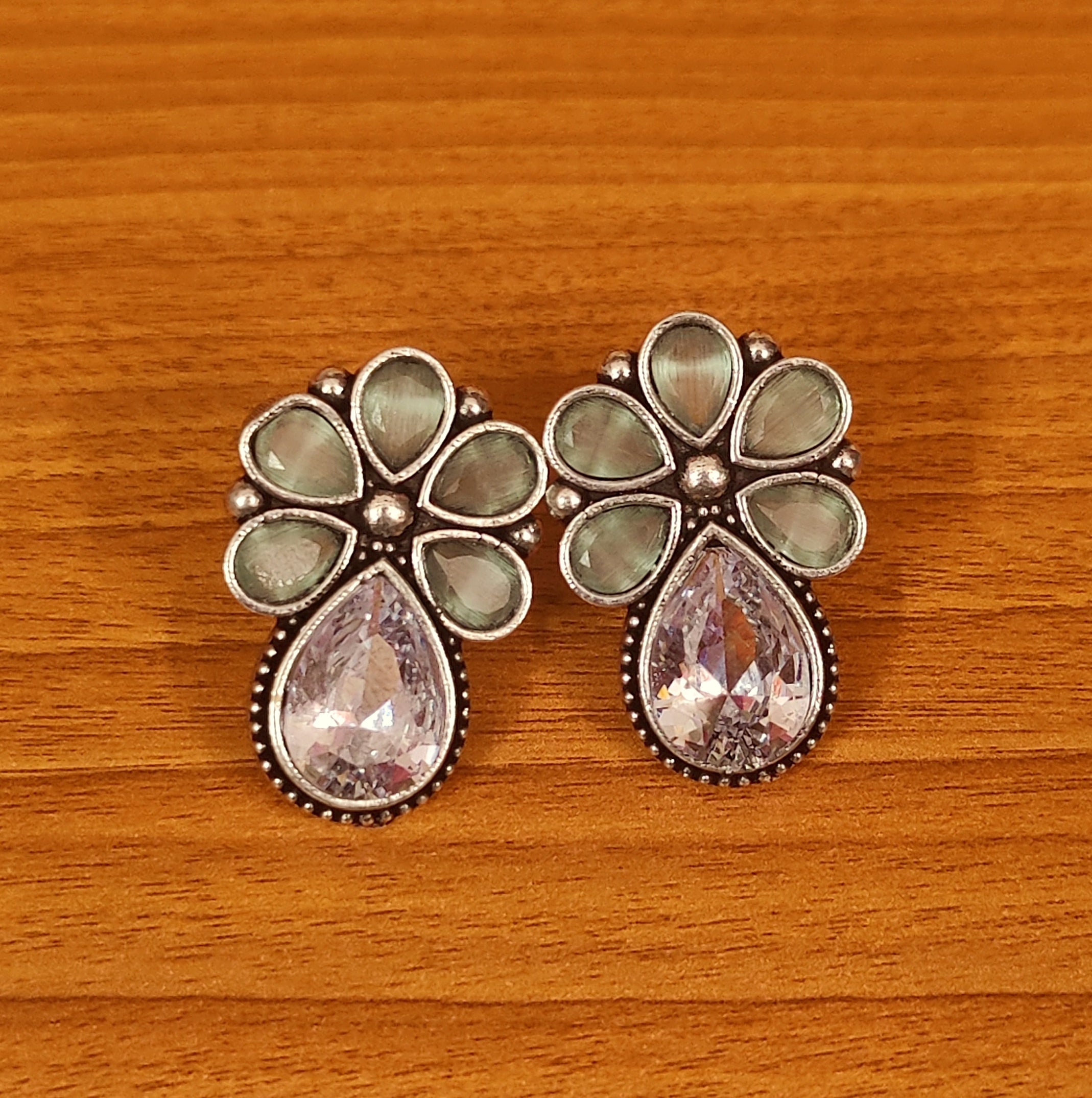 GREEN GARNET CZ STUDDED SILVER LOOK ALIKE STUDS