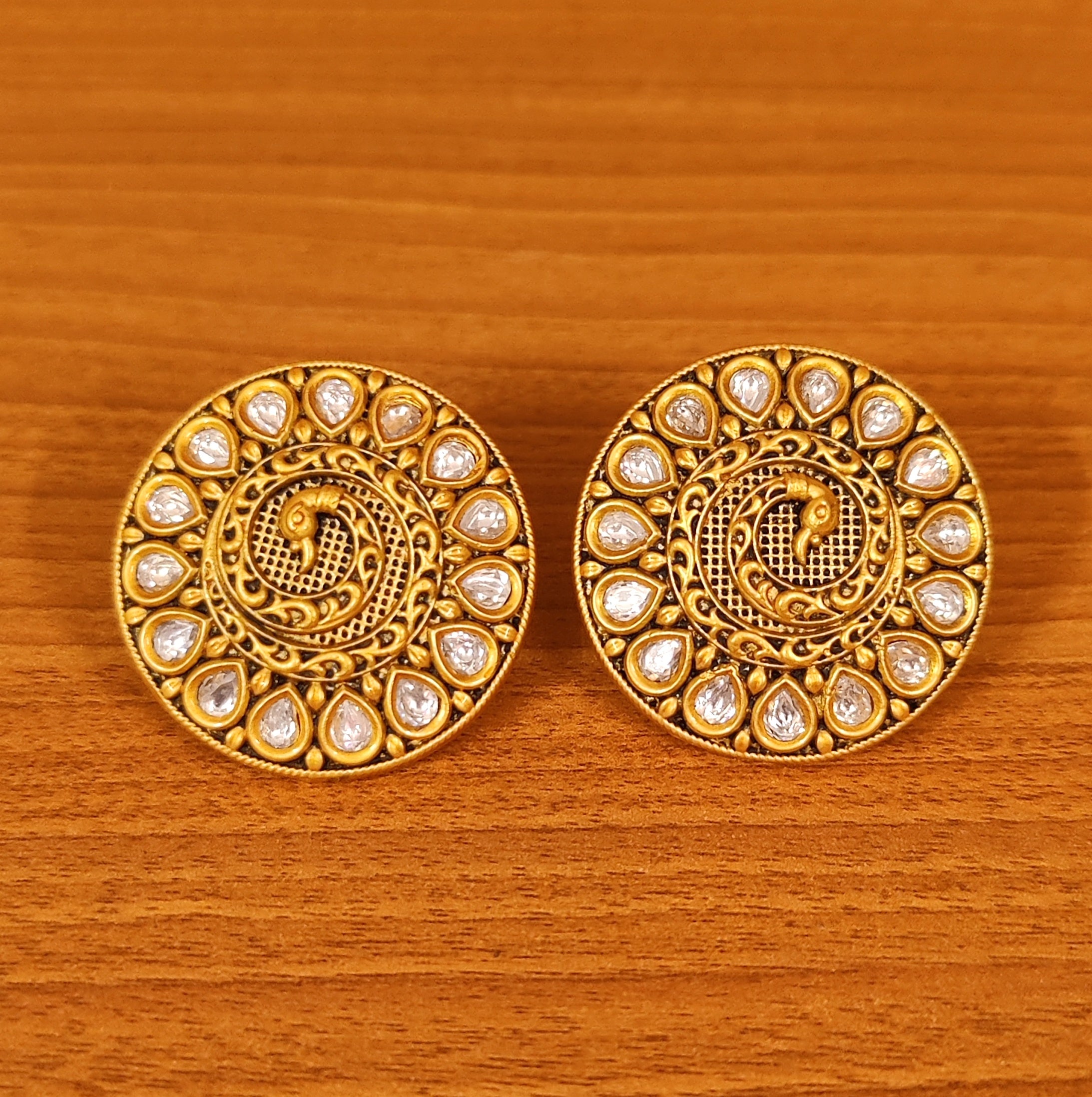 MATT GOLD LOOK KUNDAN & RUBY PEACOCK BIG STUDS