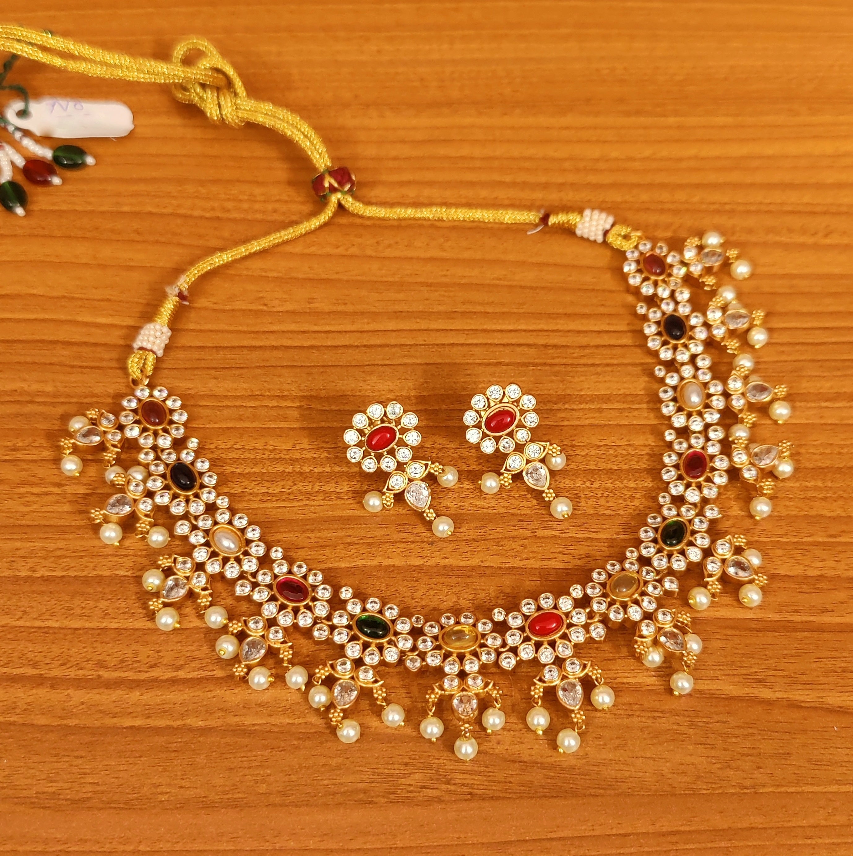 Delicate Navratna Necklace With Jhumka | Real Gold Jewelry