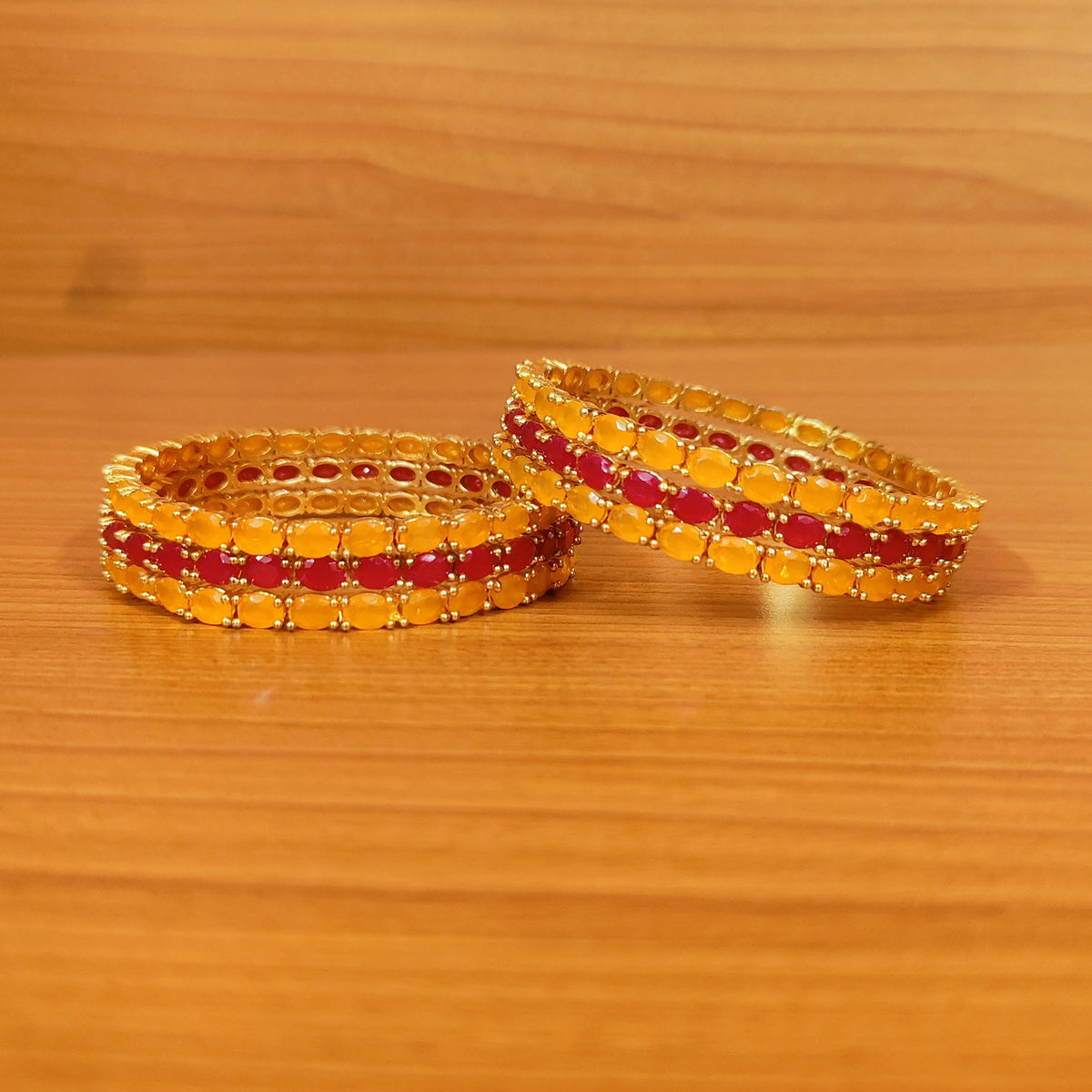 DARK YELLOW & RED COLOUR OVAL SHAPED SINGLE LINE BANGLES – Sanvi Jewels