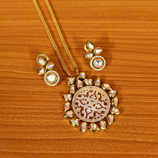 KUNDAN POLKI & CZ STUDDED MOTHER OF PEARL PENDANT SET