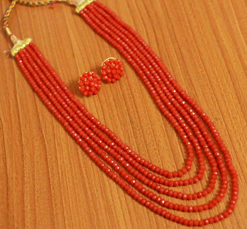 5 Line Ruby Colour Multi Sting Necklace Set