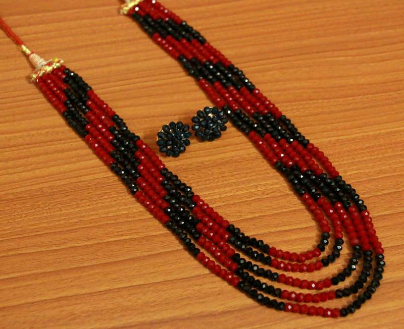 5 Line Ruby Colour Multi Sting Necklace Set