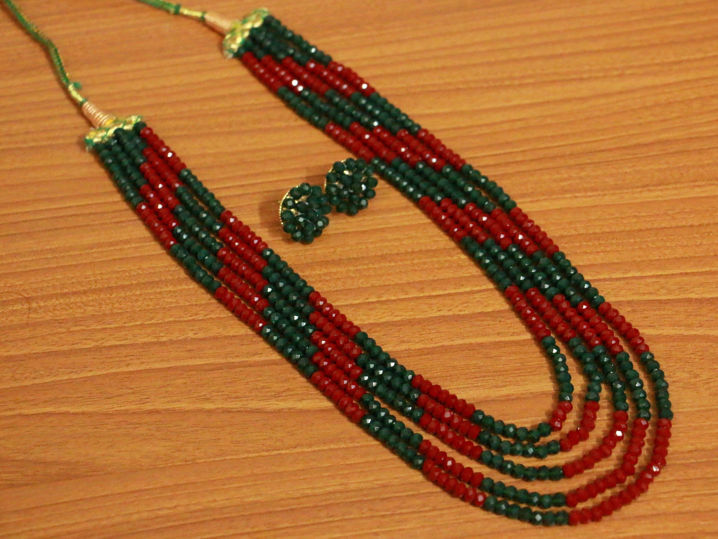 5 Line Ruby Colour Multi Sting Necklace Set